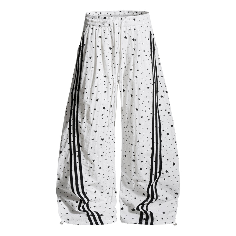Star Print Wide-Leg Track Pants with Side Stripes | Streetwear