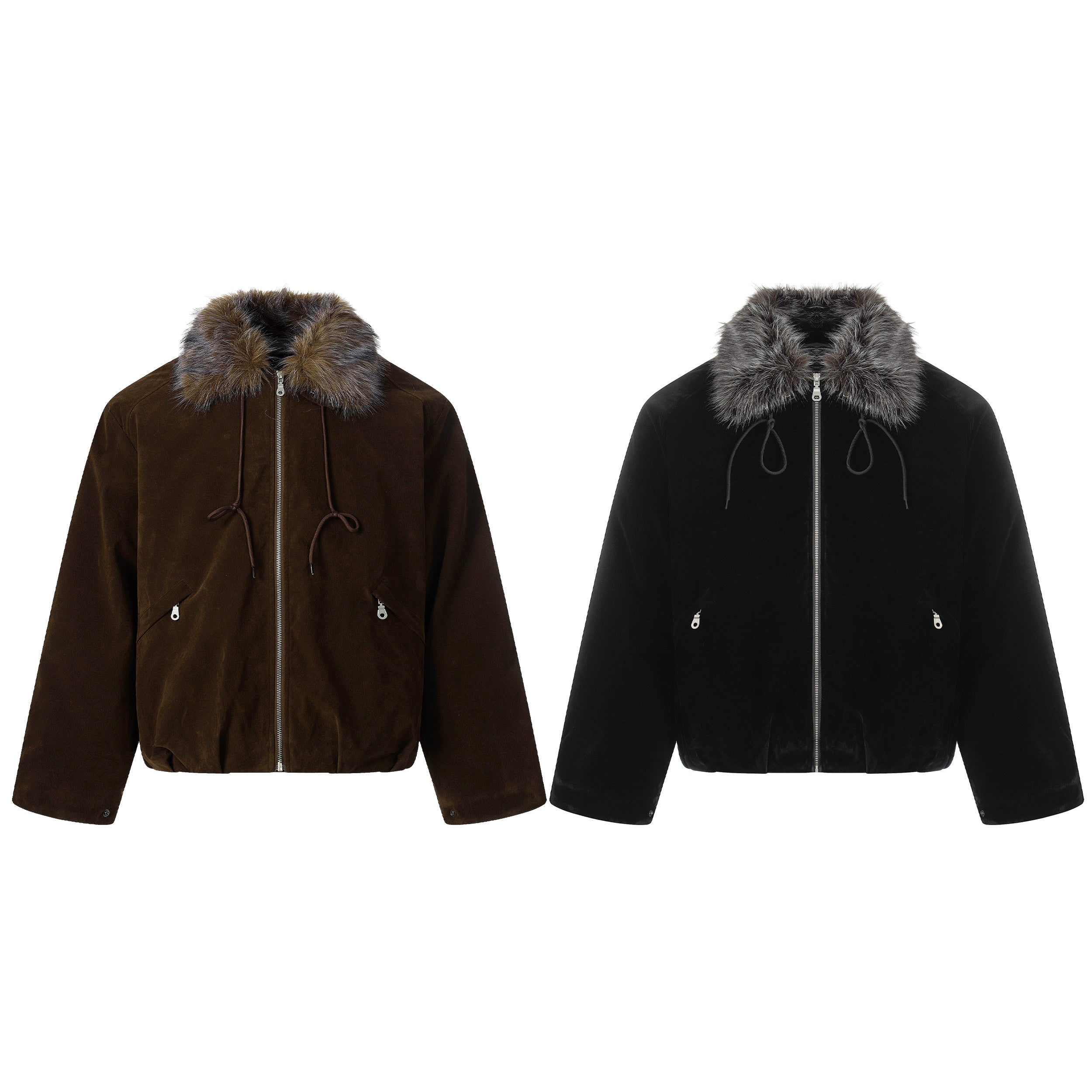 Brown and black velvet cropped bomber jackets with detachable faux fur collar and front zip closure