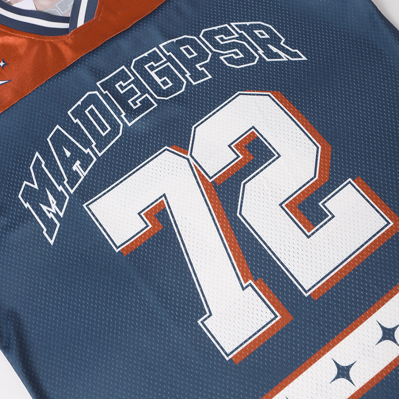 Navy mesh football jersey with MADEGPSR 72 graphic, orange trim, and star stripe details