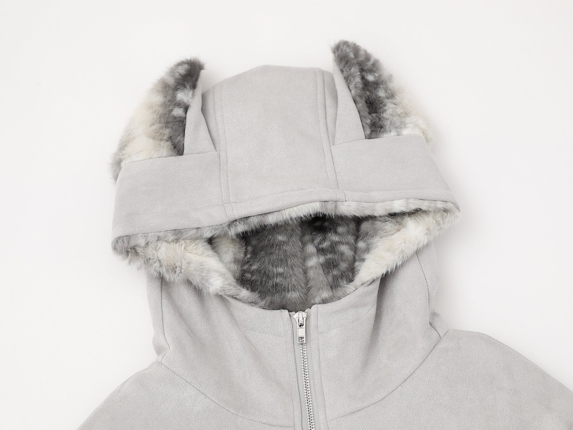 Furry-Ear Zip Hoodie Jacket | Streetwear Puffer with Rivets