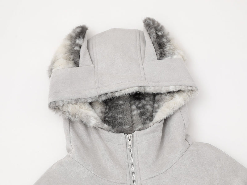 Furry-Ear Zip Hoodie Jacket | Streetwear Puffer with Rivets