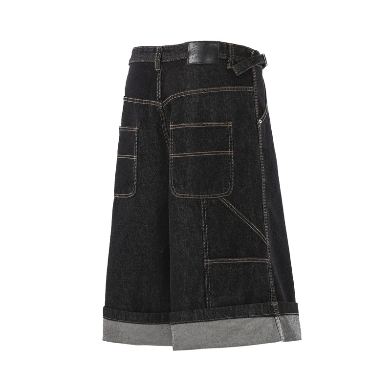 Back view of black denim cargo shorts with belt detail and patch pockets
