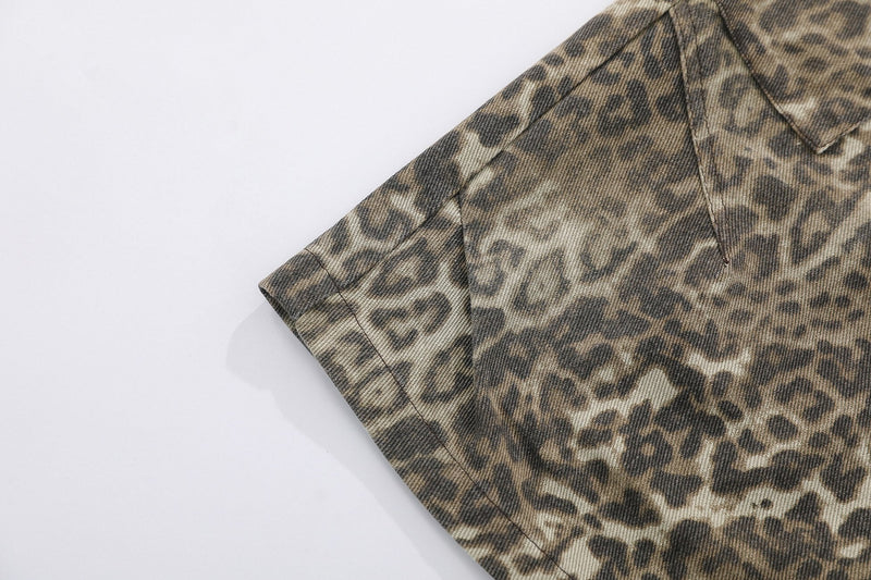 Close-up of short hem and side seam on leopard print cargo shorts