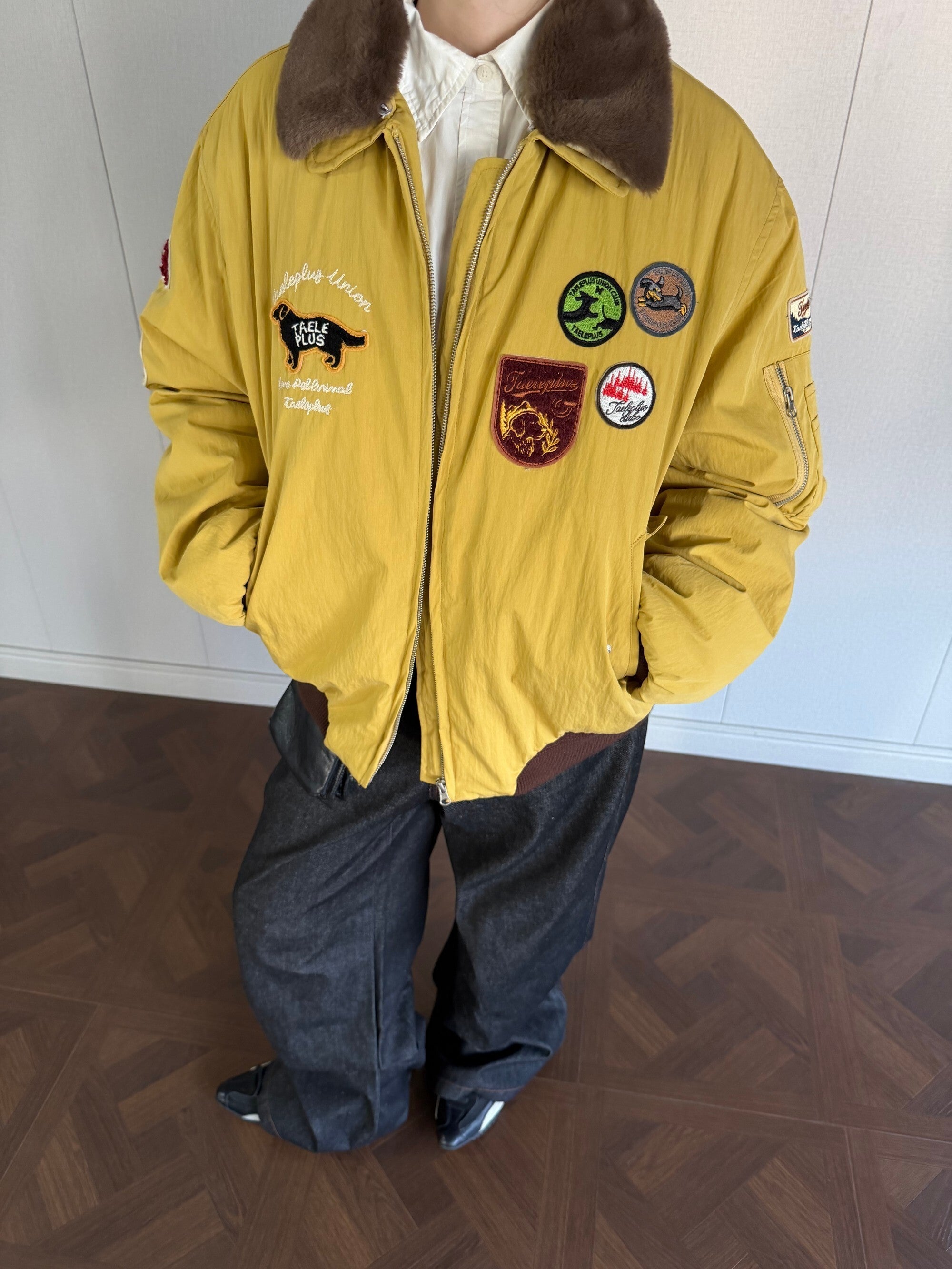 Taele Plus Aviation Patch Bomber Jacket with Fur Collar