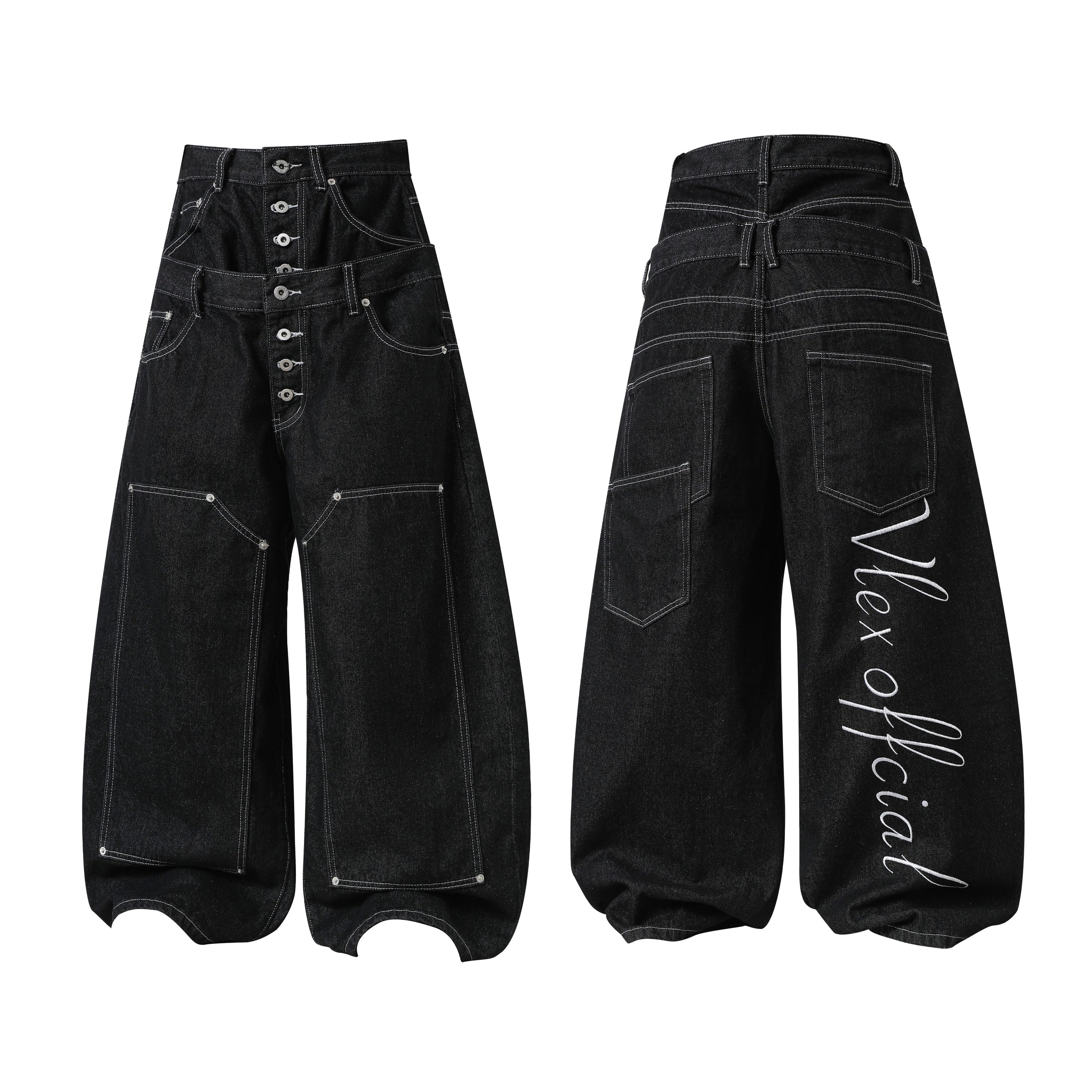 Front and back view of black wide-leg double-waist utility denim pants with contrast stitching and script graphic