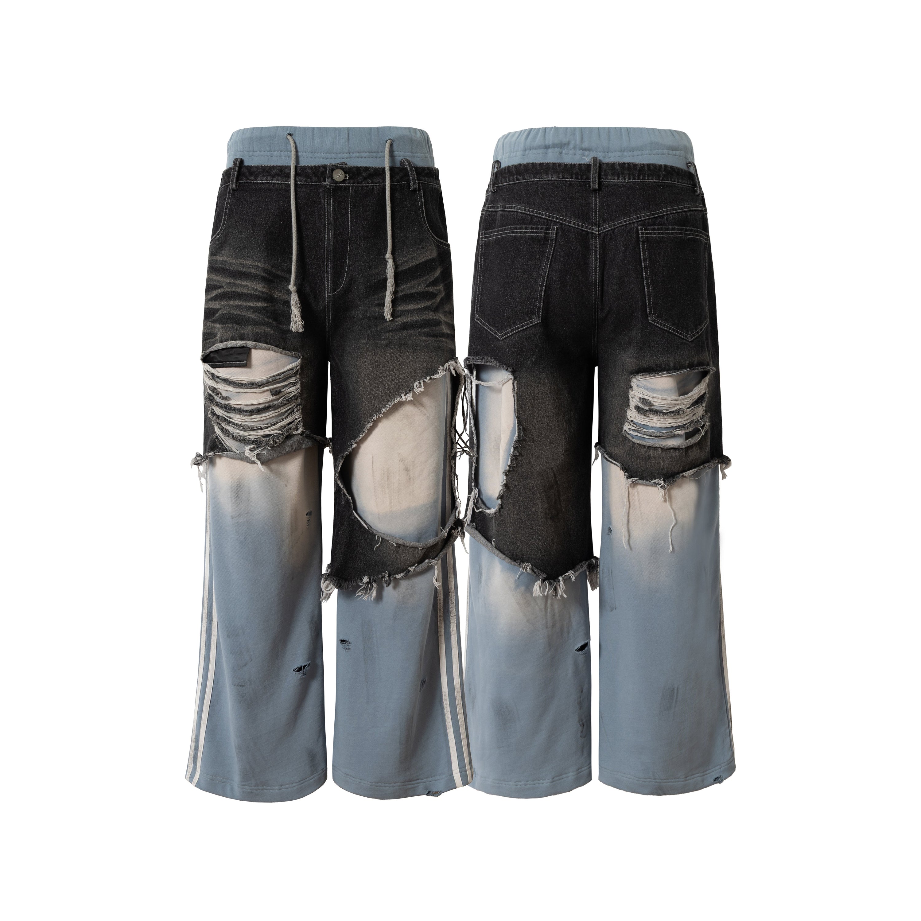 Front and back view of dual-tone distressed patchwork barrel-leg jeans in black and washed light blue denim