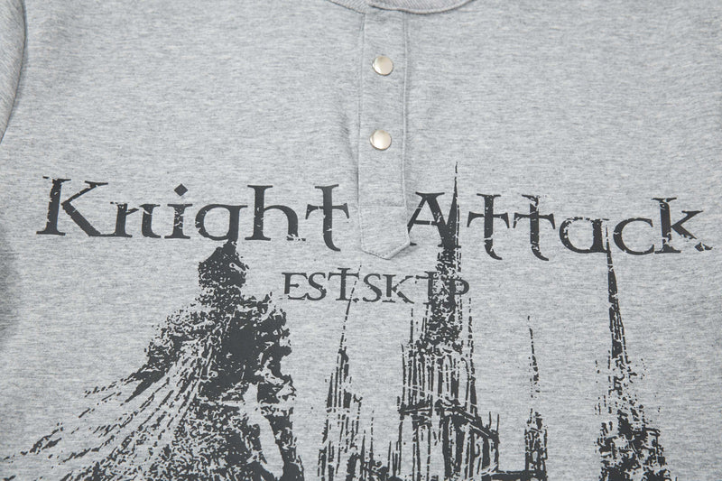 Gray polo tee with distressed Knight Attack print and medieval castle graphic on the chest