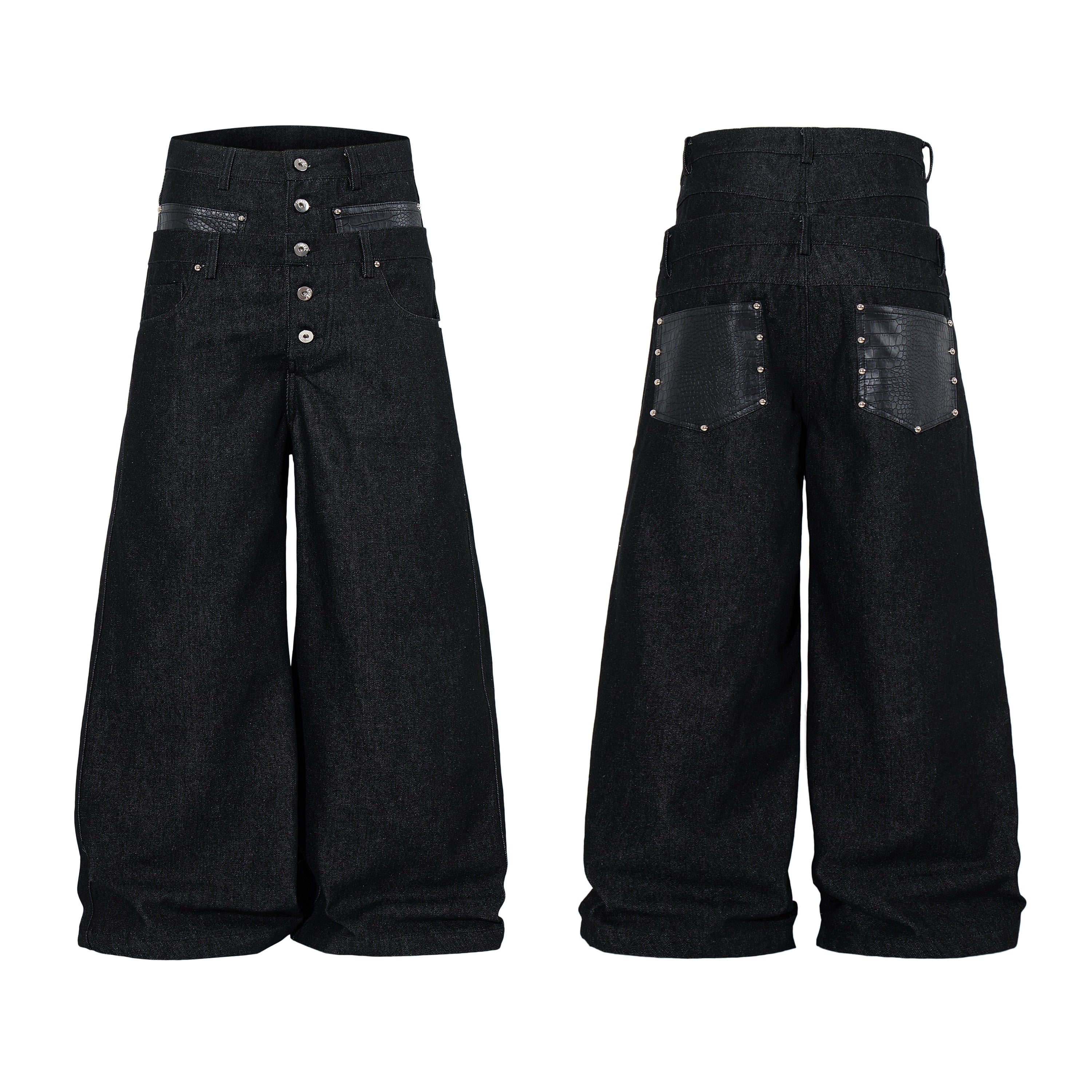 Front and back view of black wide leg button fly denim pants with leather-trim pockets and silver stud hardware