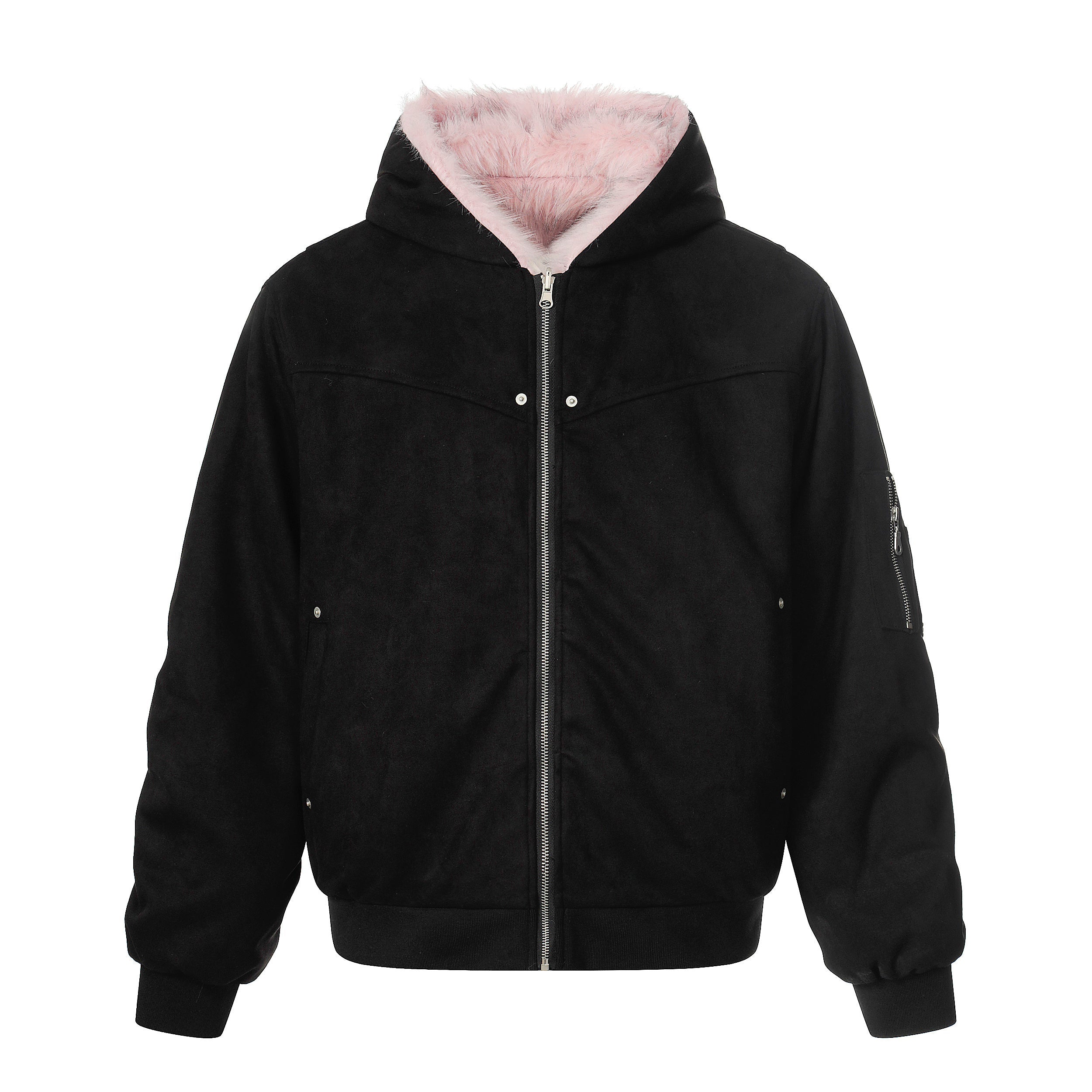 Reversible Faux Fur & Suede Hooded Bomber Jacket
