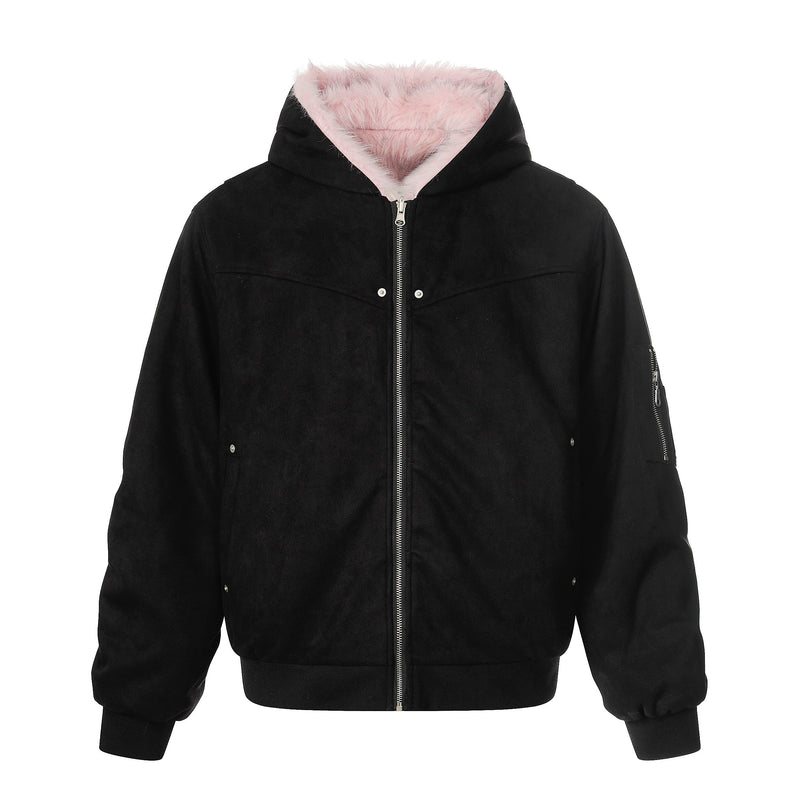 Reversible Faux Fur & Suede Hooded Bomber Jacket