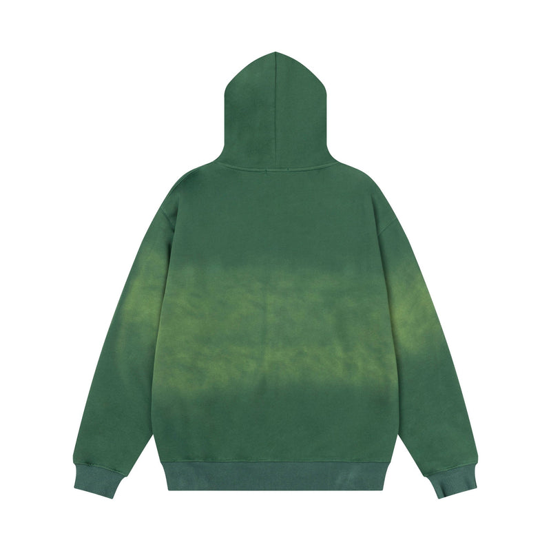 Back view of green zip-up hoodie with hood and faded wash effect