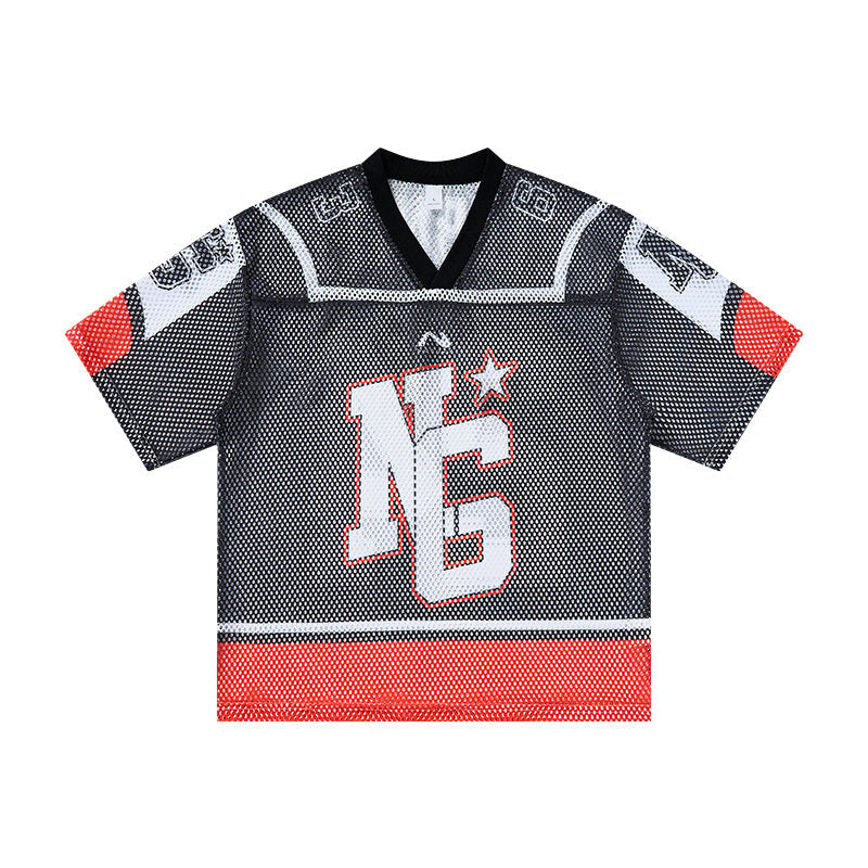 Omirad Eternity 24 black mesh jersey t-shirt with red color block panels and NG varsity graphic on front