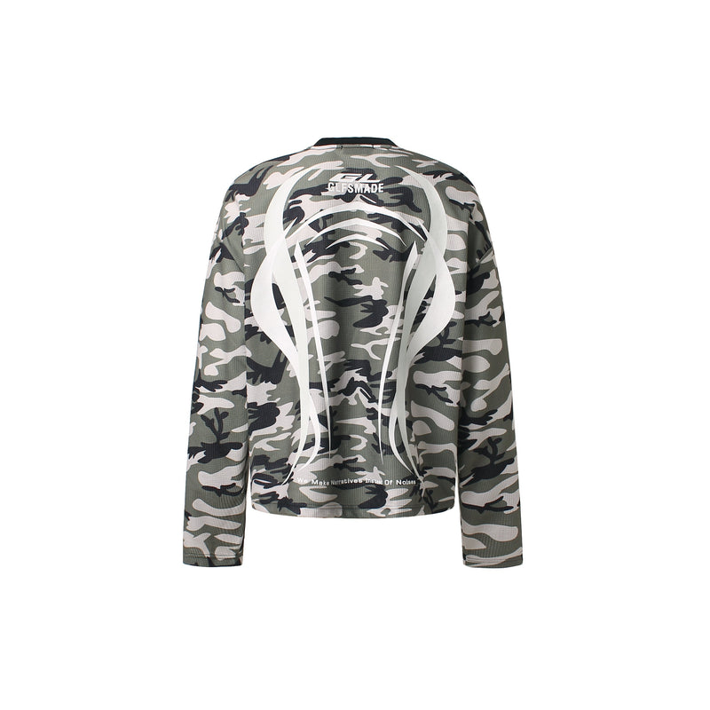 Back view of a camo waffle long sleeve top with white arc graphic and GLFSMADE text