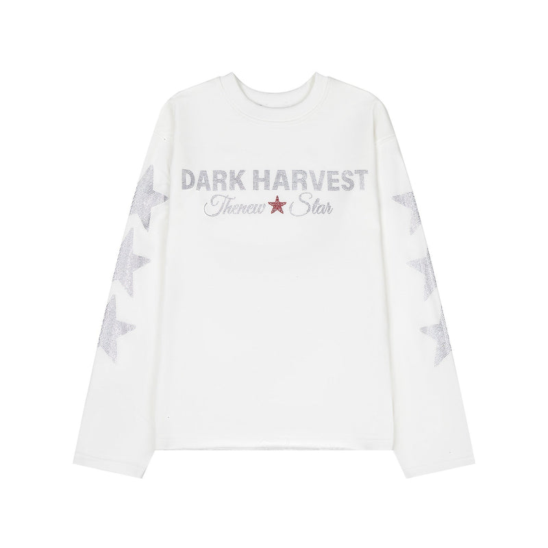 White long sleeve tee with rhinestone star sleeves and Dark Harvest front graphic