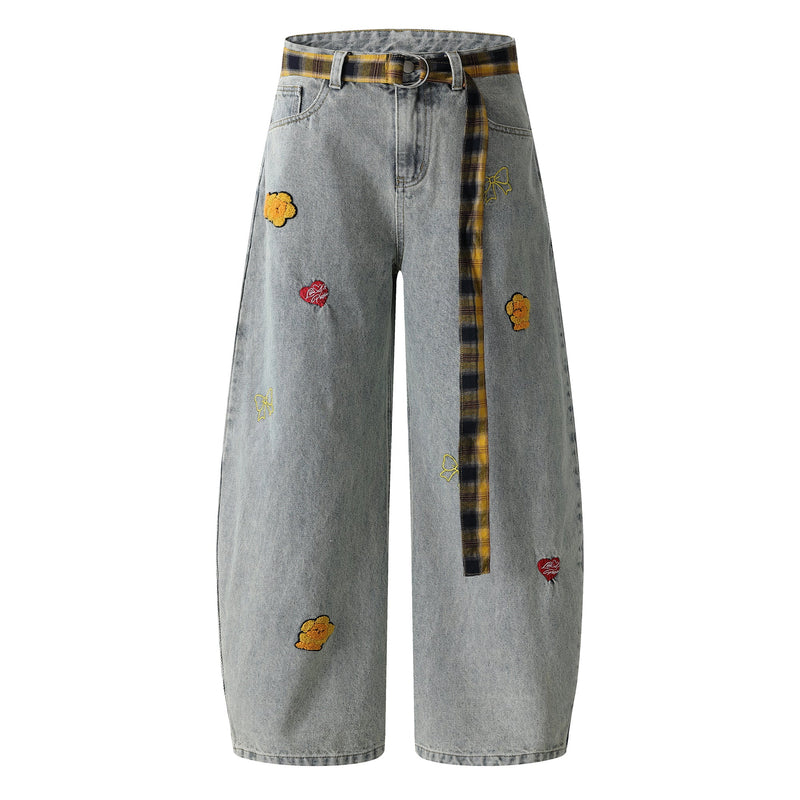 Embroidered Wide-Leg Jeans with Detachable Plaid Belt