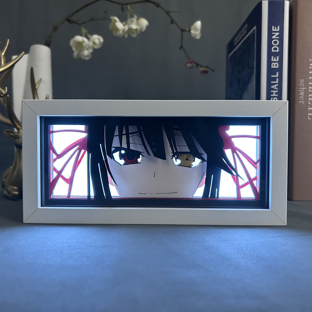 The Seakoff Kaguya-sama: Love Is War Anime Light Box highlights Kaguya Shinomiya with a 3D LED effect, featuring dynamic color-changing designs. The background displays abstract red and white patterns, set among blurred books and floral decor to capture intricate details.