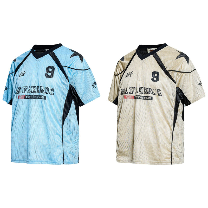 Blue and beige Mafaerror Starline mesh jerseys with black accents, number 9 graphic and sporty streetwear styling