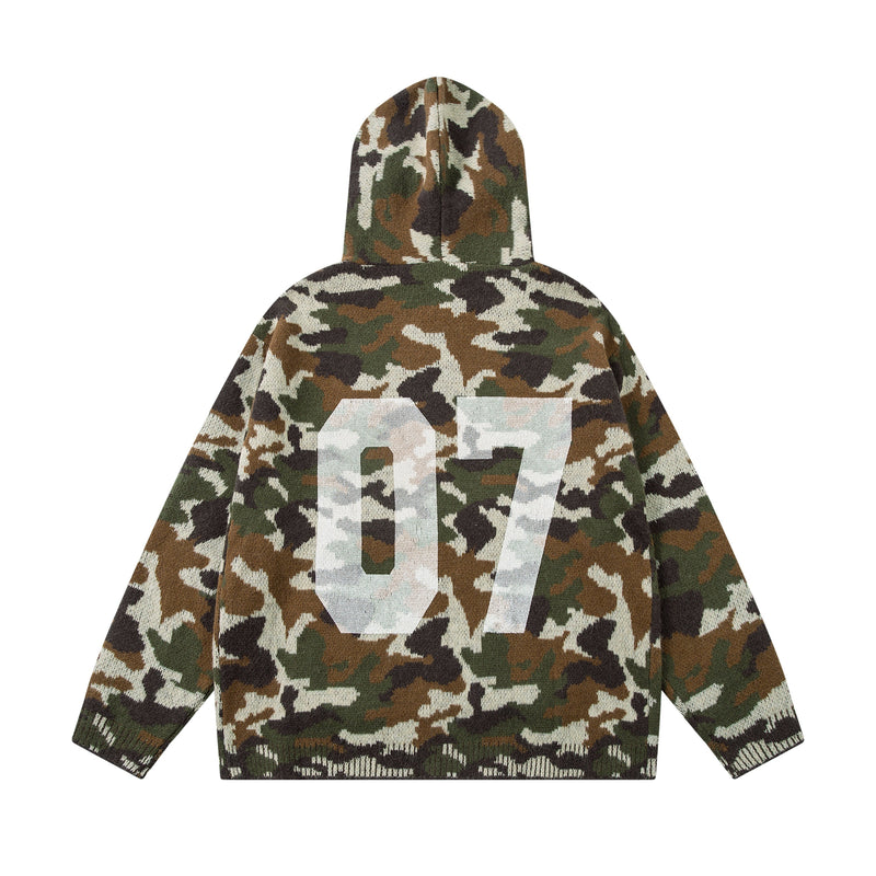 Back view of olive, brown, and cream camouflage knit zip-up hoodie with large 07 graphic