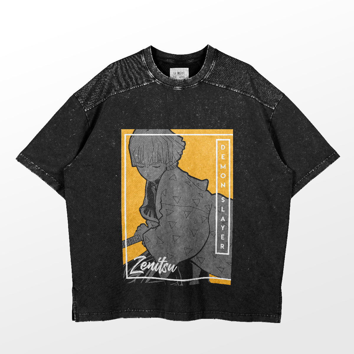 The Zenitsu Agatsuma Monochrome Pop T-Shirt by Demon Slayer features a bold graphic of Zenitsu with short hair and sword on a vibrant yellow background, complete with &quot;Demon Slayer&quot; and &quot;Zenitsu&quot; text on richly textured fabric.