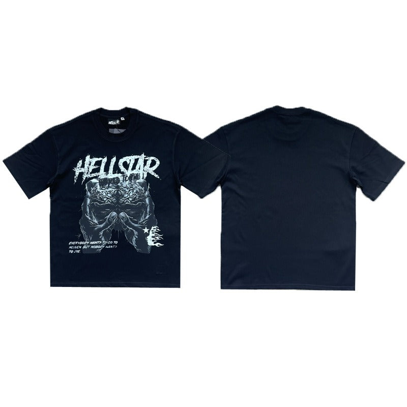 Hellstar Heaven 또는 Hell 티셔츠-250gsm Cotton,기도 손 그래픽 스트리트웨어 티