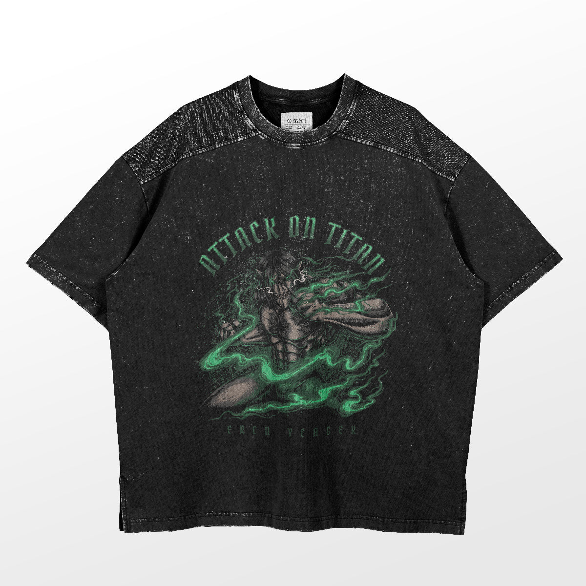 This Attack on Titan T-shirt features Eren Yeager's Titan Transformation design, with a speckled black texture and green smoke, perfect for anime fans.