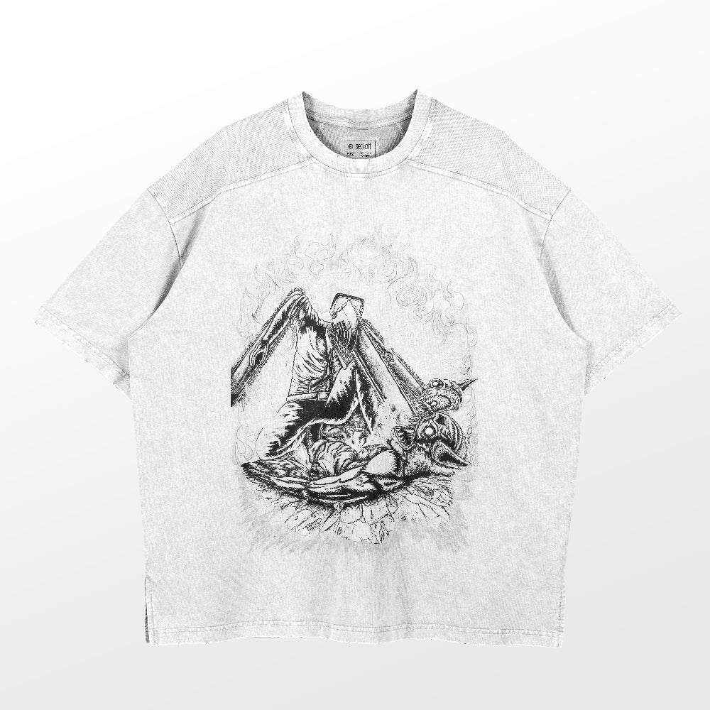 The Chainsaw Warrior Washed Vintage T-Shirt by Chainsaw Man, made of 260 GSM high-quality cotton, features a gray design with an intricate graphic of a cloaked figure wielding a sword. It reflects vintage streetwear style with bold urban fashion through detailed linework on a plain background.