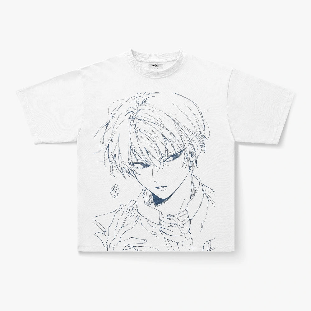 Anime Sketch Portrait Oversized Graphic T-Shirt White