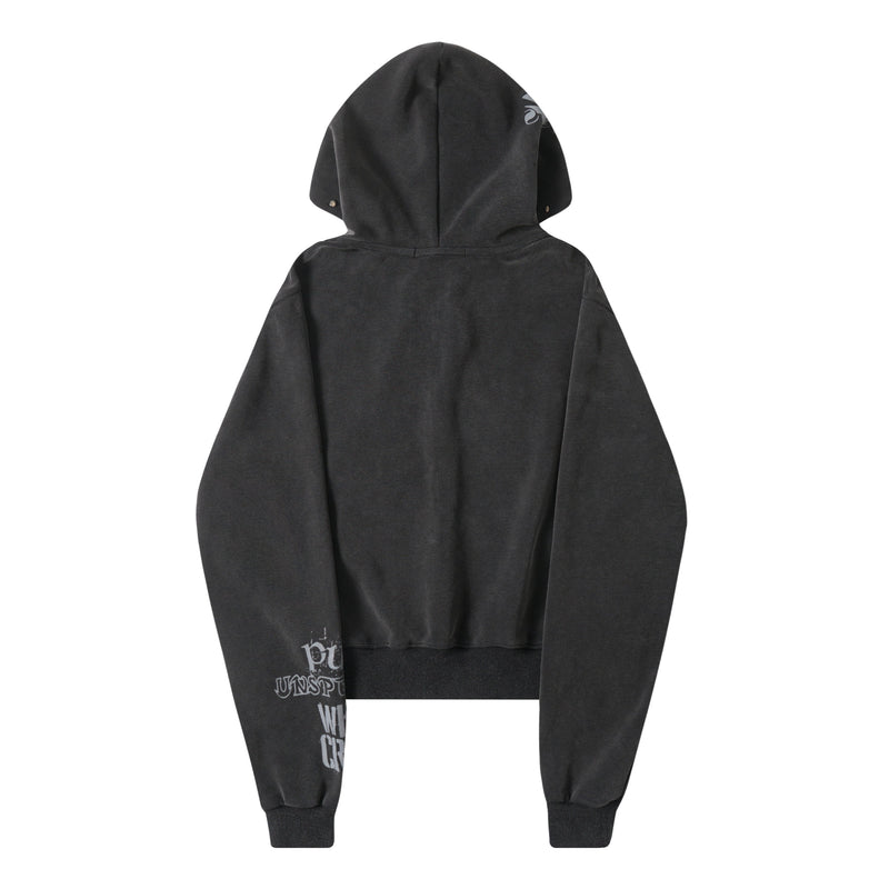 Back view of black cropped zip hoodie with washed finish and small graphic at lower sleeve