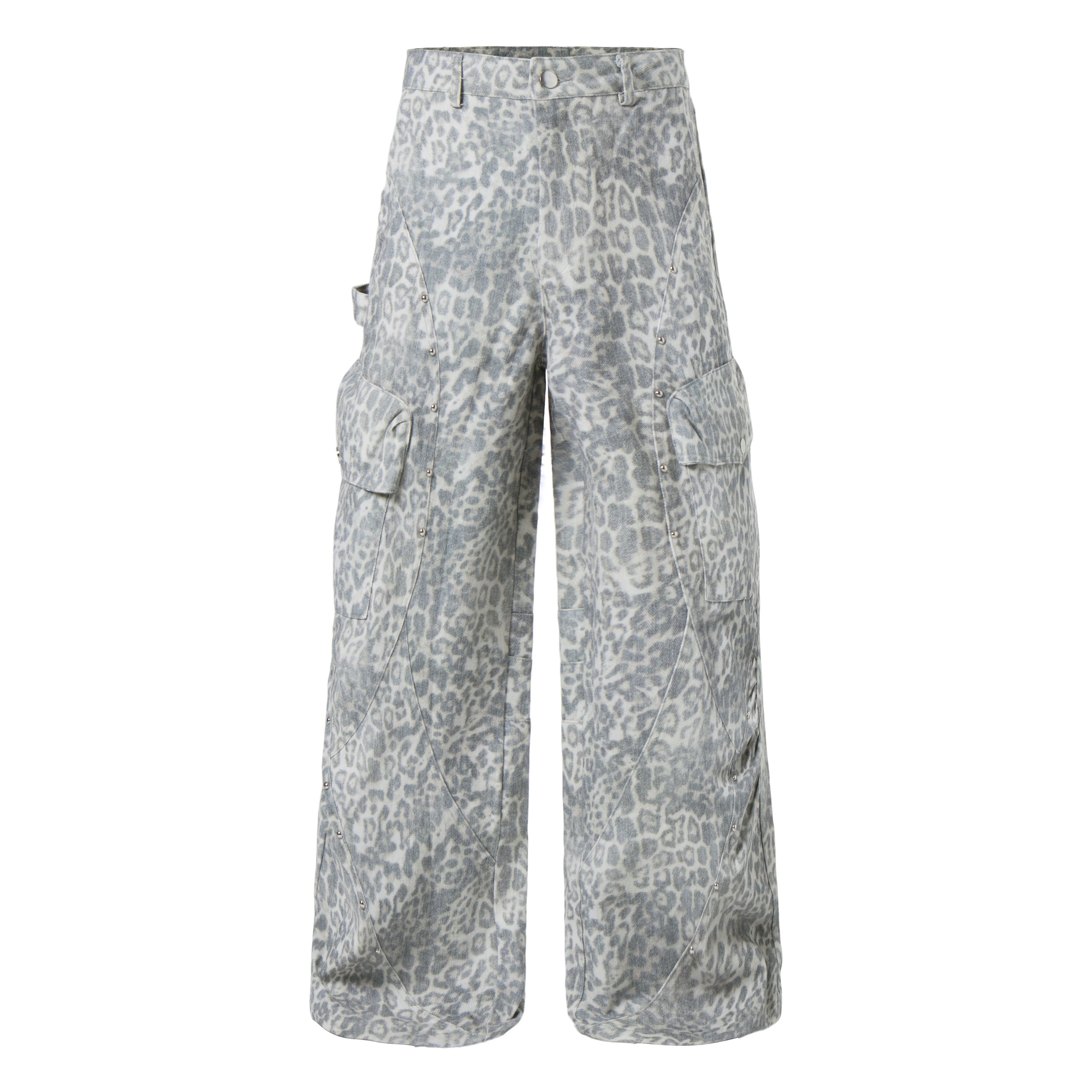 Leopard Print Utility Wide-Leg Cargo Pants with Rivets