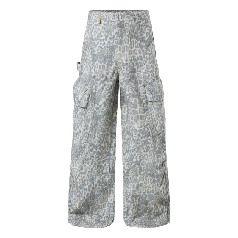 Leopard Print Utility Wide-Leg Cargo Pants with Rivets