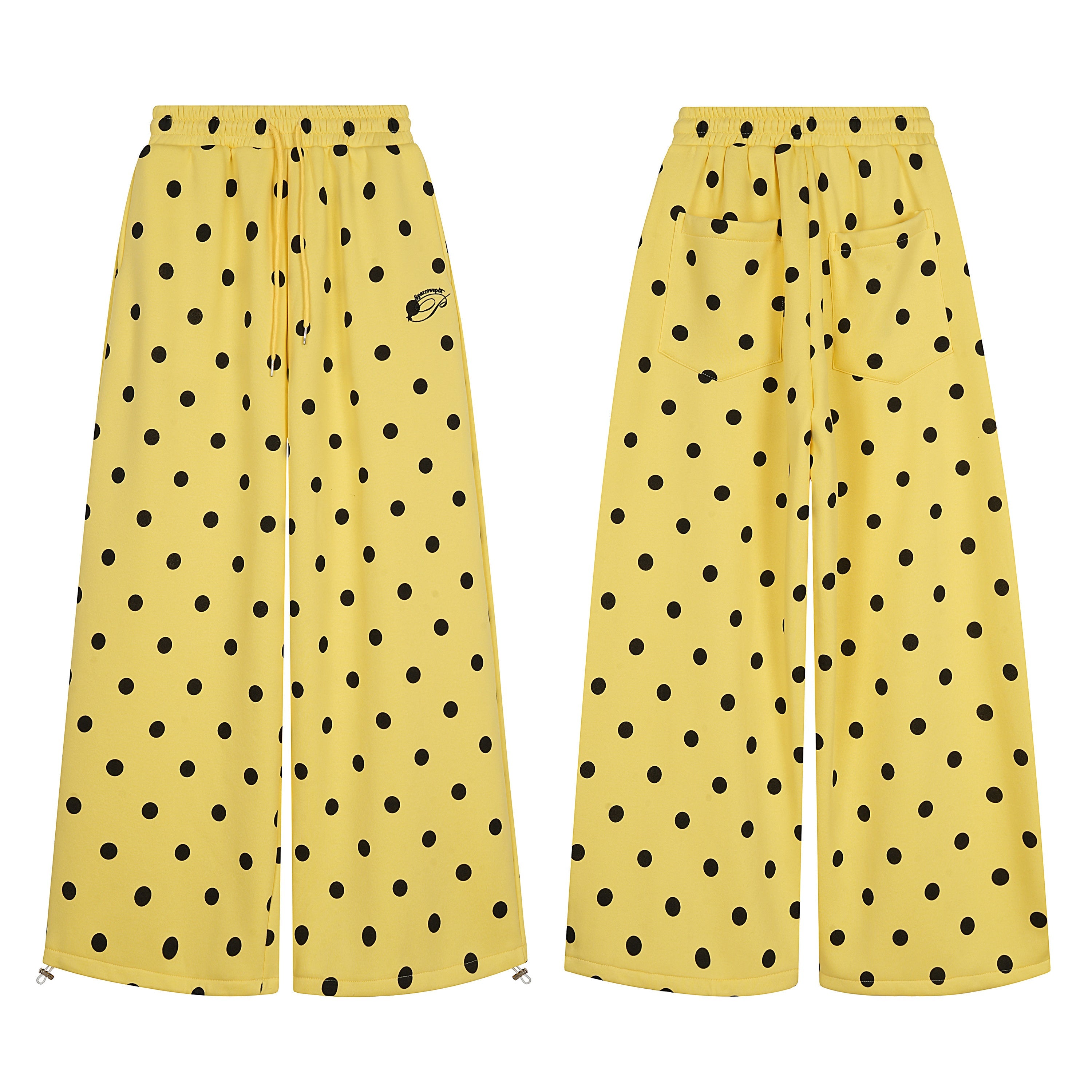 Yellow wide-leg pants with black polka dot print, elastic drawstring waistband, front and back views on white background