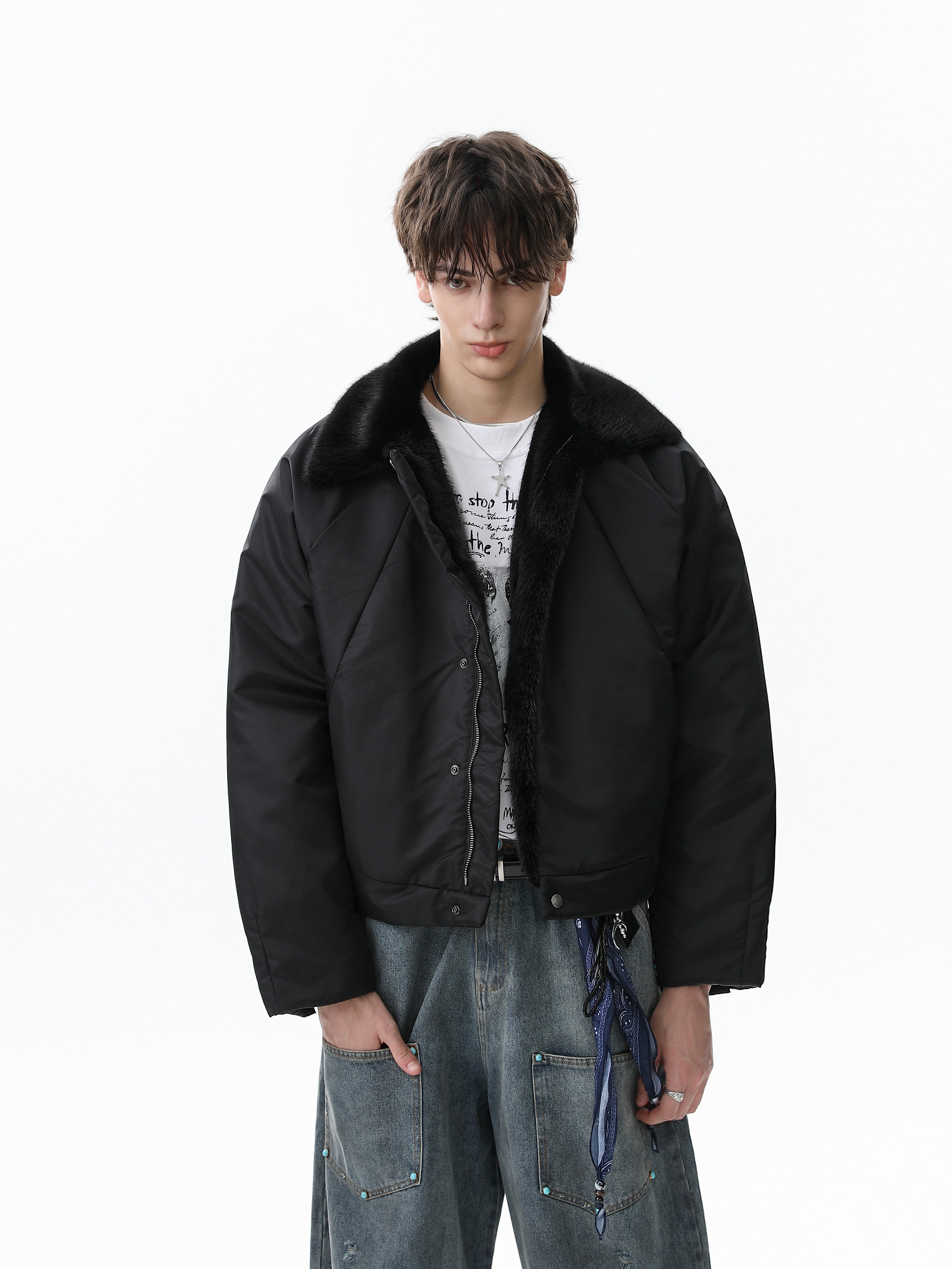 Faux Fur Collar Cropped Nylon Jacket | Smoke Gray & Black
