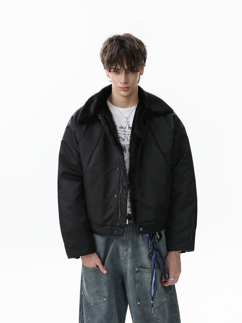 Faux Fur Collar Cropped Nylon Jacket | Smoke Gray & Black