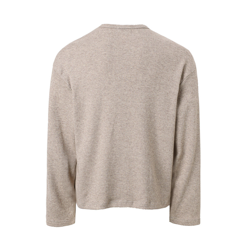 Beige ribbed long-sleeve crew neck tee back view