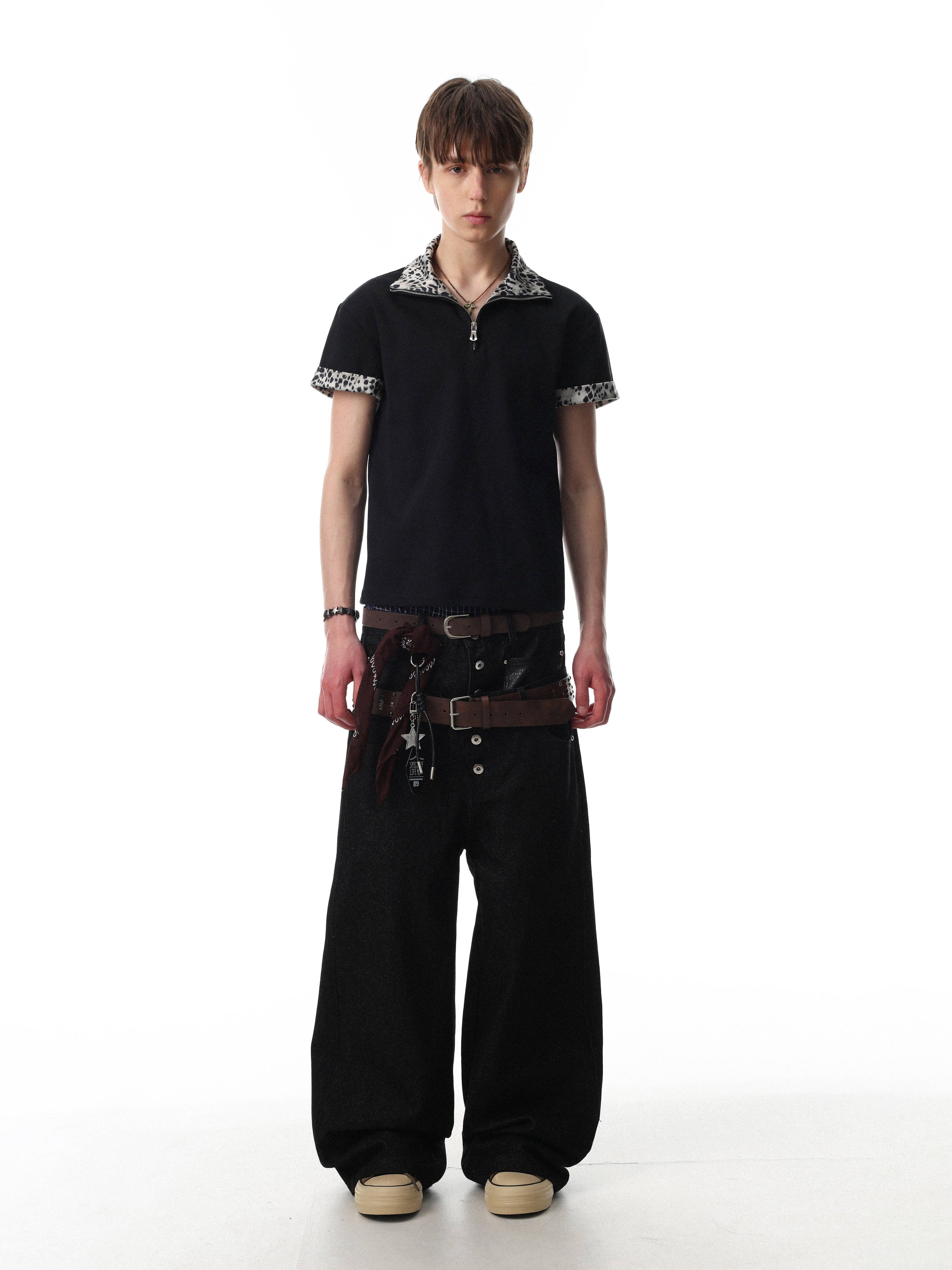 Leopard Trim Quarter-Zip Polo Shirt | Streetwear Cotton Tee