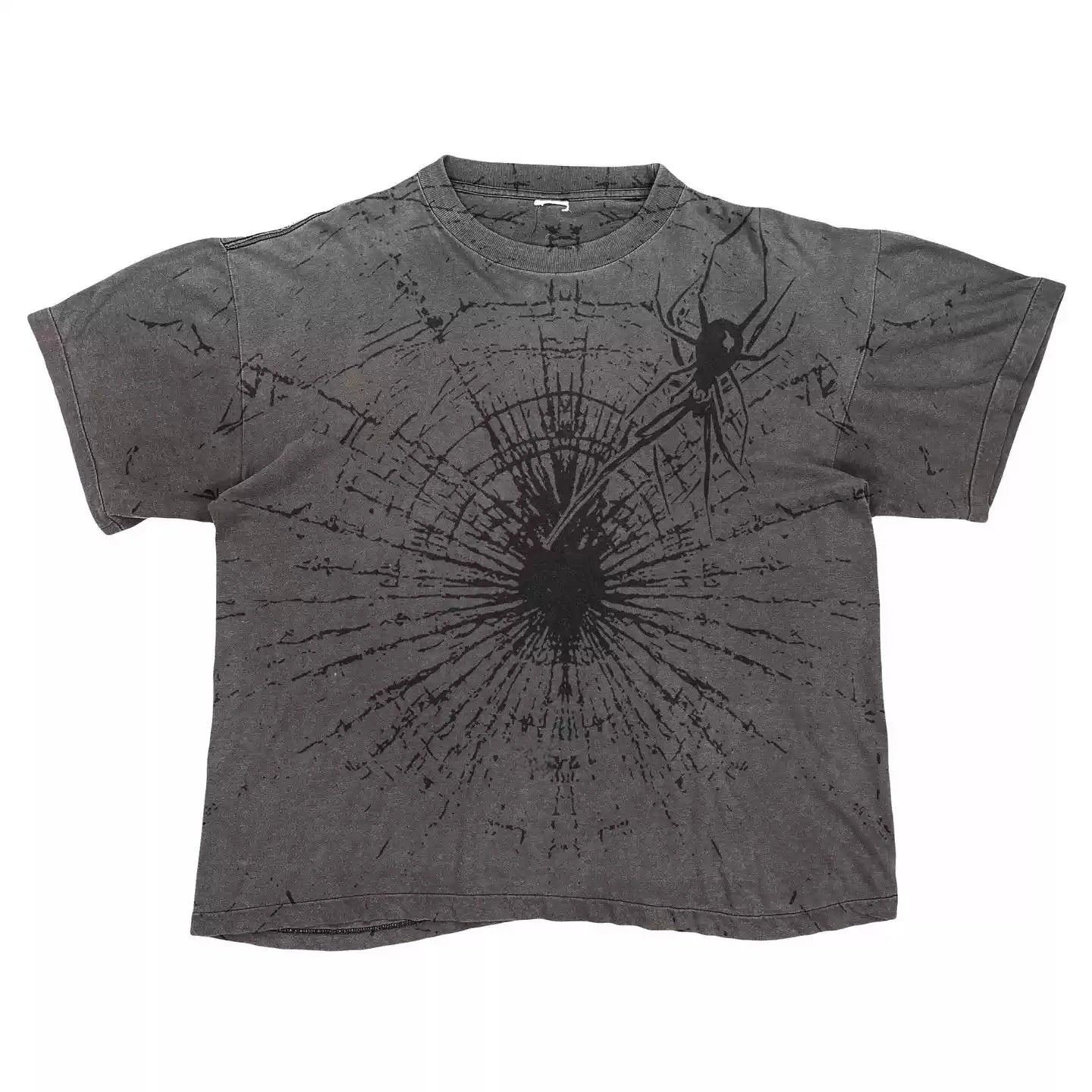 Acid Wash Spider Web Graphic Oversized Boxy T-Shirt in Dark Grey