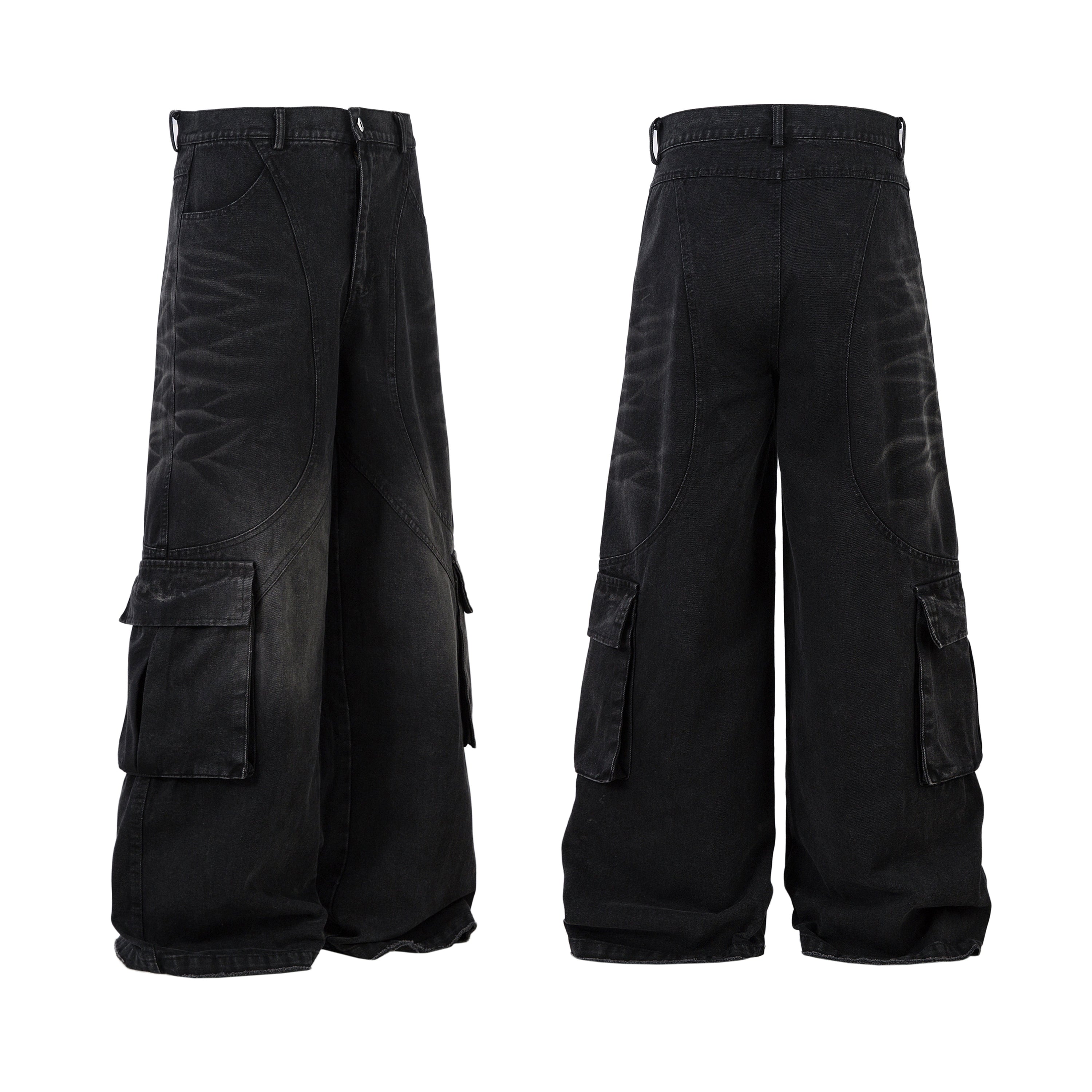 Front and back view of black washed arc-panel cargo wide-leg jeans with oversized flap pockets and stacked hem