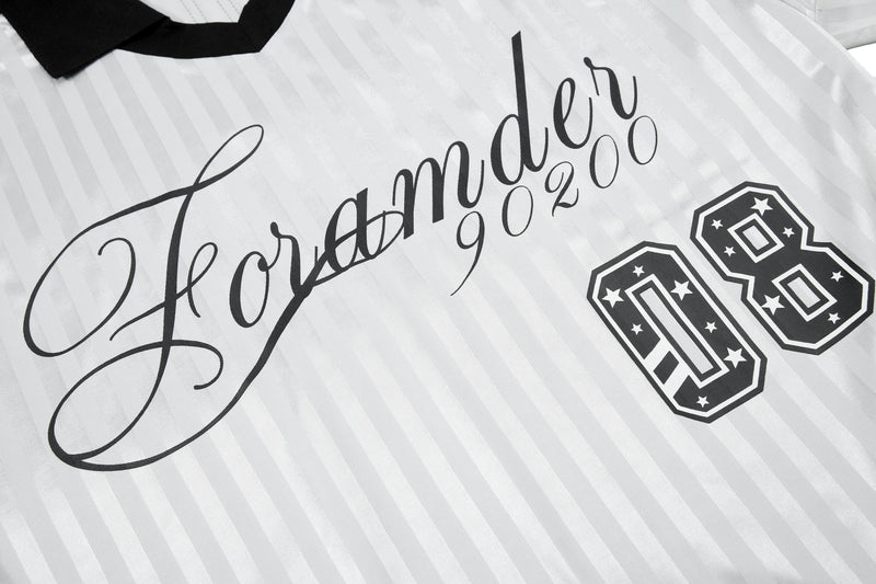 White striped football jersey with black collar, gothic script lettering, and bold 98 graphic print