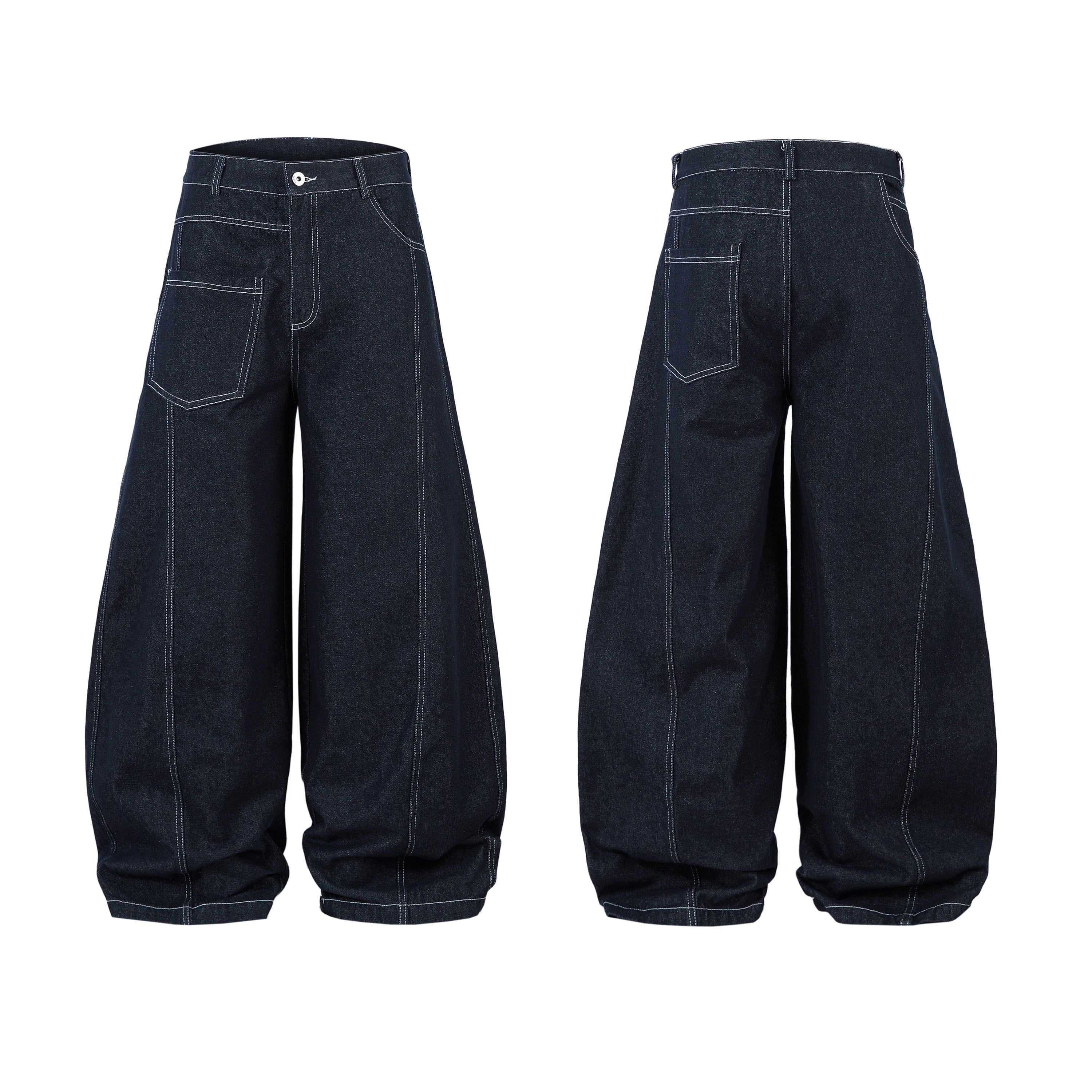 Front and back view of dark indigo balloon wide-leg jeans with white contrast stitching and patch pockets
