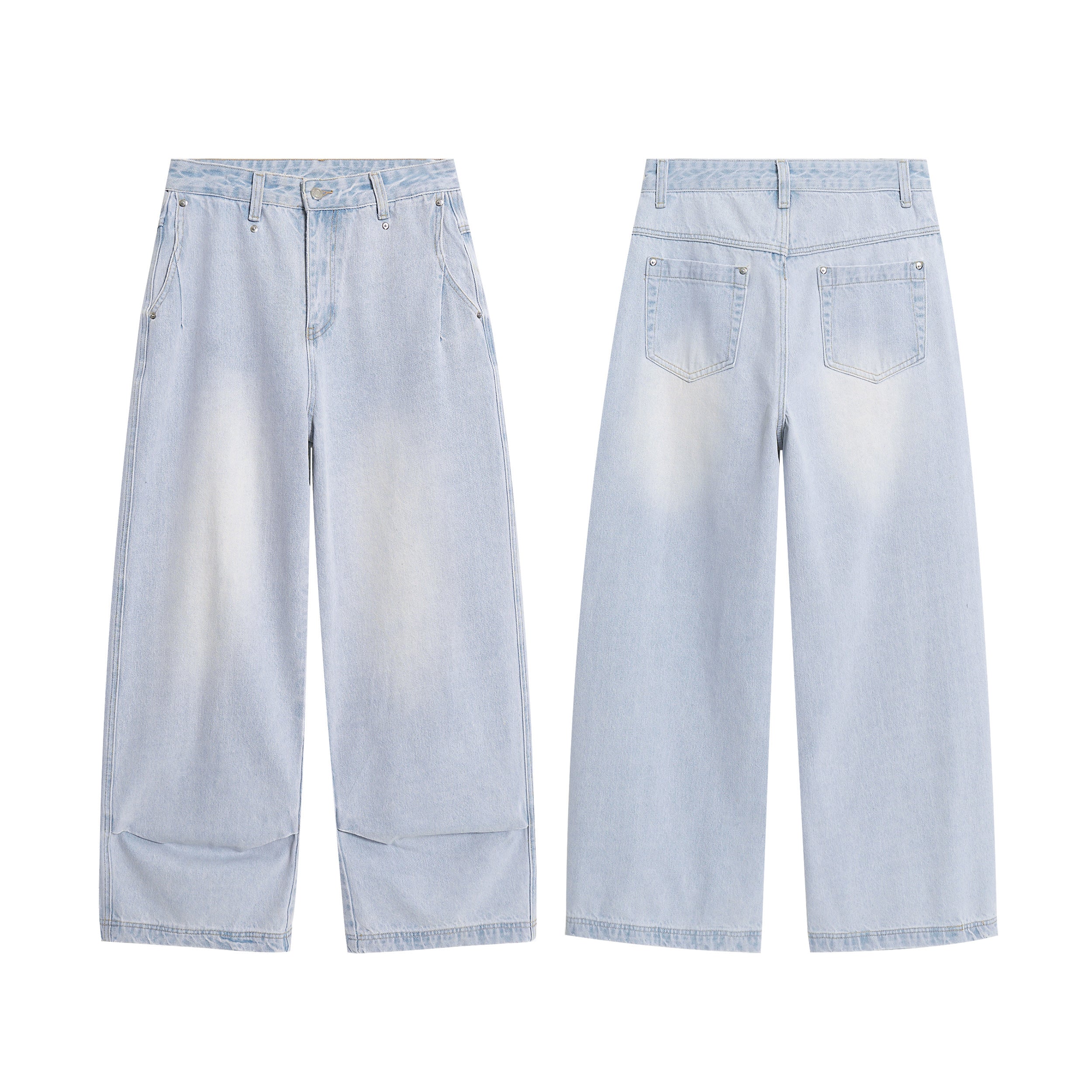 Front and back view of light-wash wide-leg denim pants with faded wash, five-pocket construction, and curved hem slit
