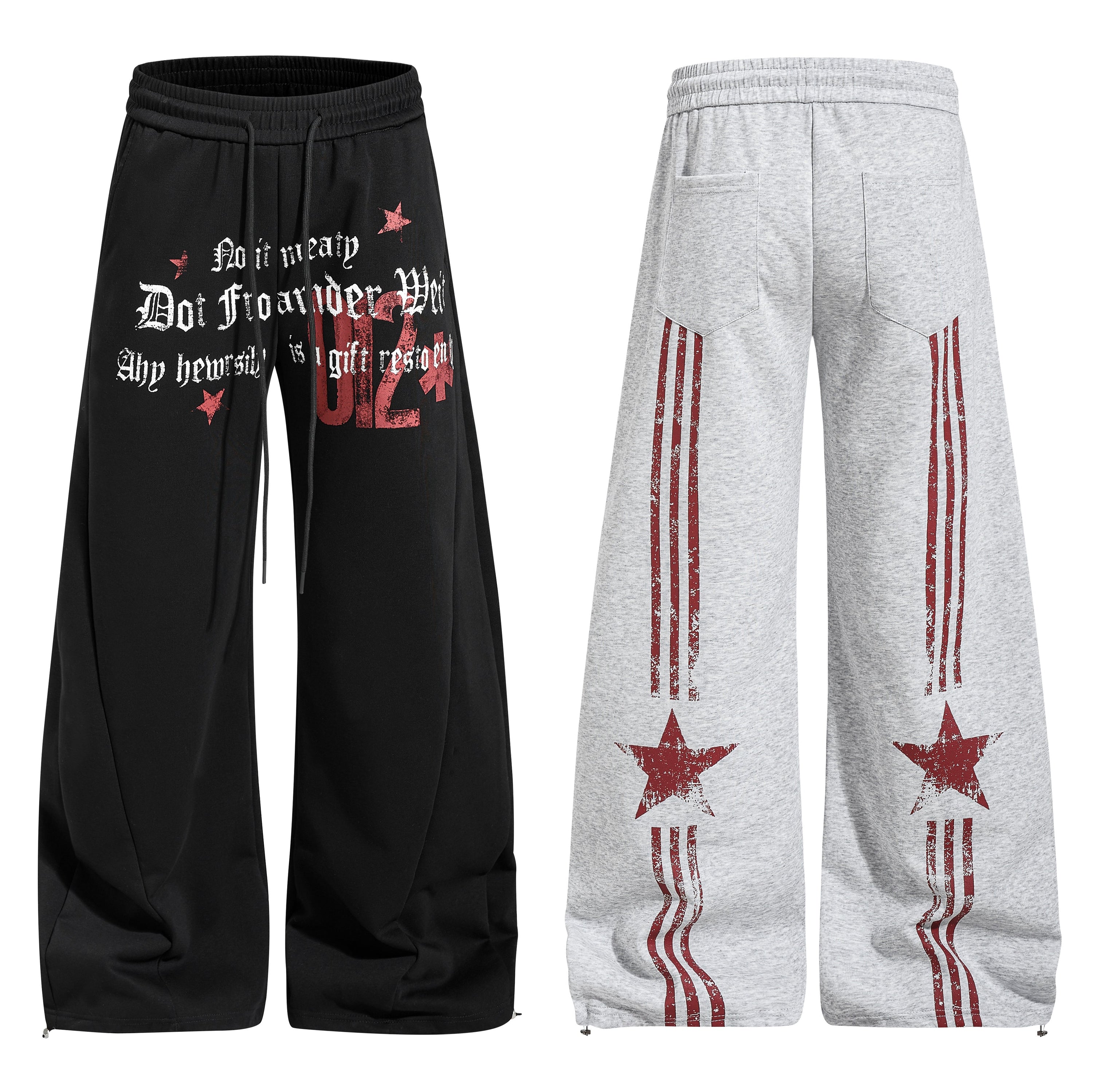 Black wide-leg sweatpants with distressed gothic typography and red star graphic prints on the front