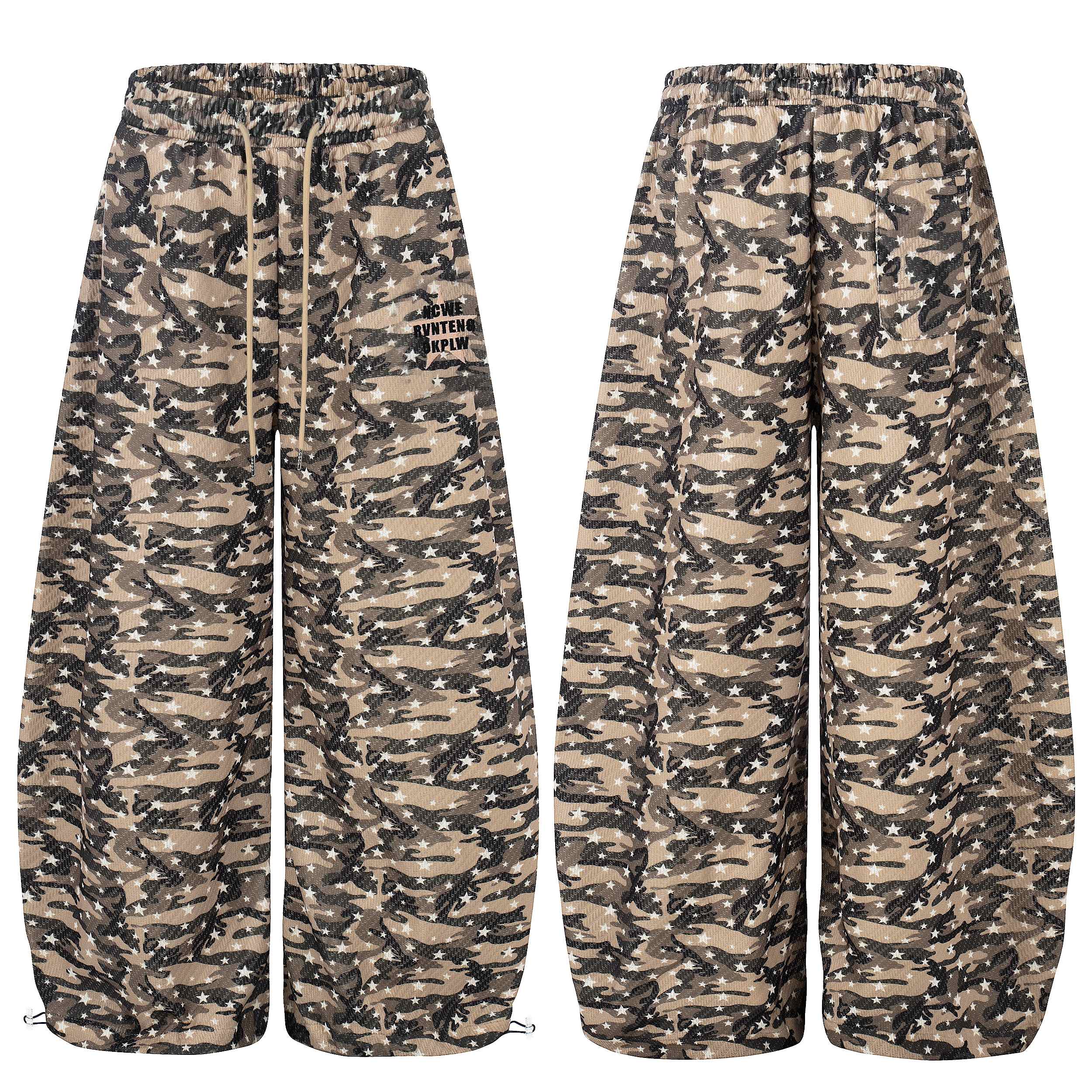 Front and back view of oversized desert camo wide-leg sweatpants with white star print and drawstring waist