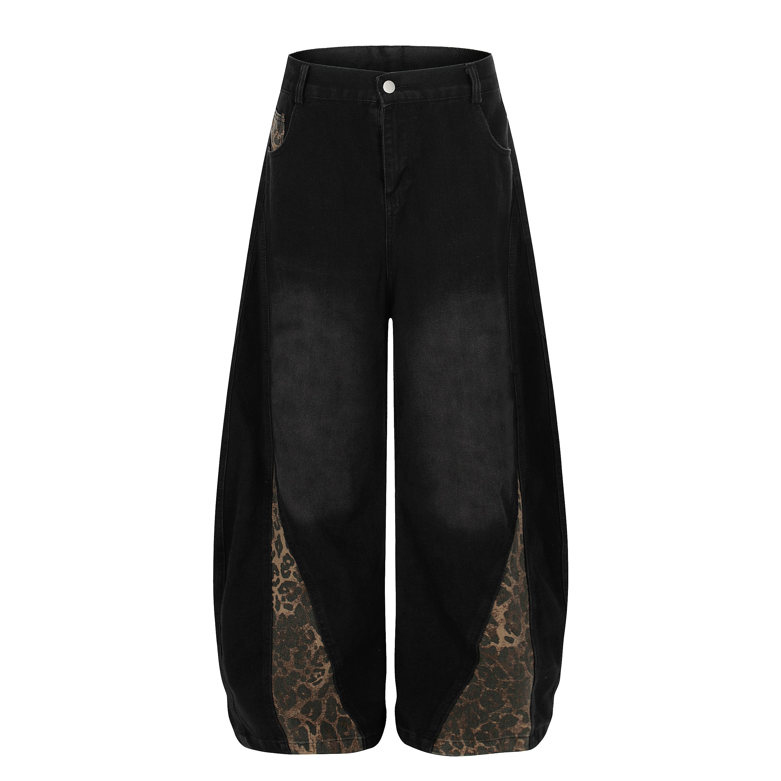 Leopard-Panel Wide-Leg Denim Jeans | Streetwear Baggy Fit