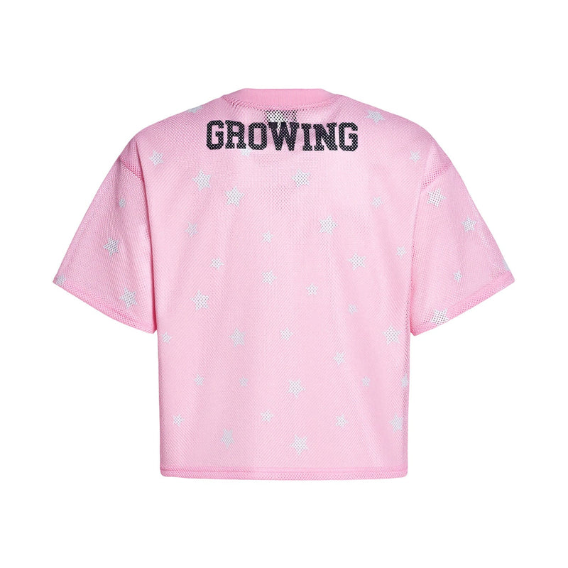 Pink oversized mesh jersey with white star print and bold GROWING text on the back