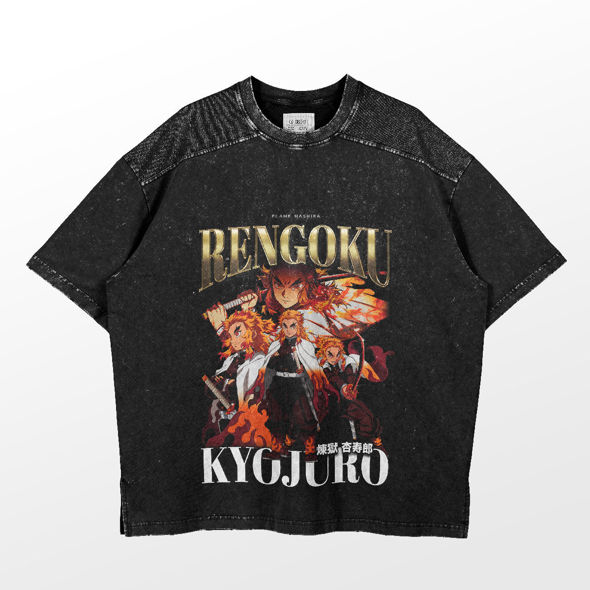 The Rengoku Kyojuro Flame Hashira Tribute T-Shirt by Demon Slayer is a black tee featuring &quot;Rengoku&quot; and &quot;Kyōjurō&quot; in bold, with a white background adorned with small text and designs celebrating the legendary Flame Hashira.