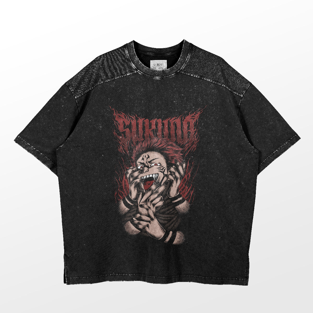 The Sukuna Possession Jujutsu Kaisen T-Shirt from Jujutsu Kaisen features textured shoulders and a bold graphic of the fierce, long red-haired character with sharp teeth engulfed in flames. &quot;SUKUNA&quot; is prominently displayed above, making it ideal for any anime wardrobe or Jujutsu Kaisen merch collection.