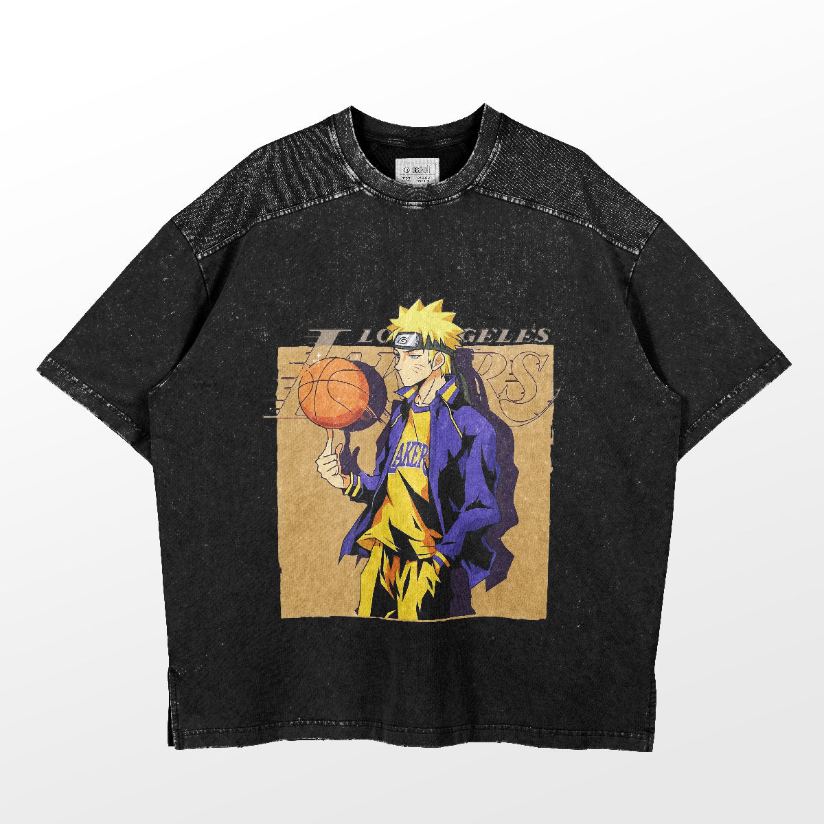 The Naruto Lakers T-Shirt by Naruto is a black premium anime apparel piece featuring a character akin to Naruto, dressed in purple and yellow with &quot;Los Angeles&quot; in the background. Its distressed texture adds a unique flair, making it ideal for any fan&