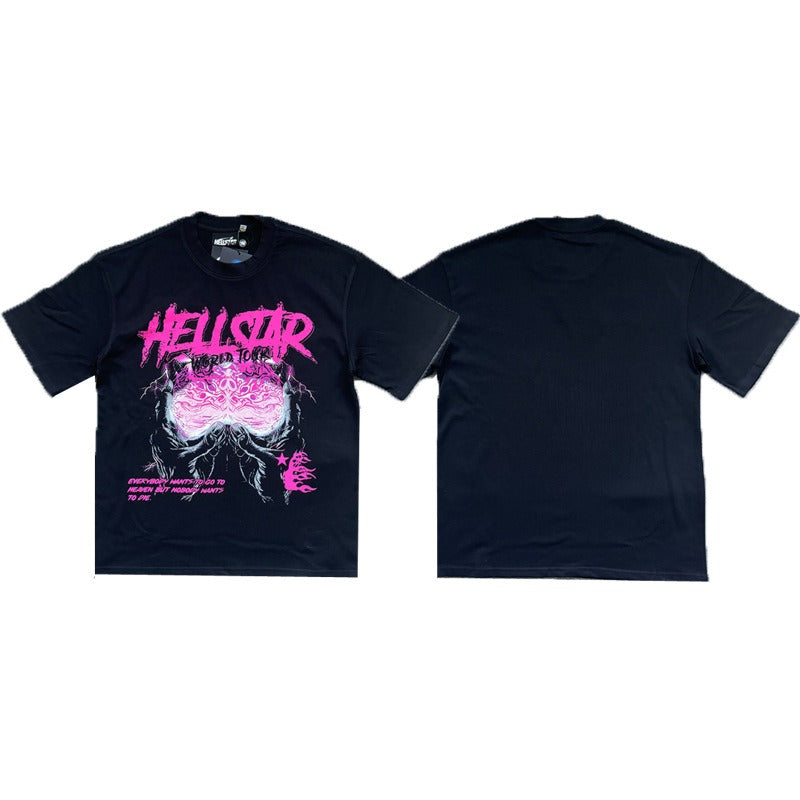 Hellstar Pink Brain Power T-Shirt – 250GSM Cotton, Gothic Streetwear with Praying Hands Graphic