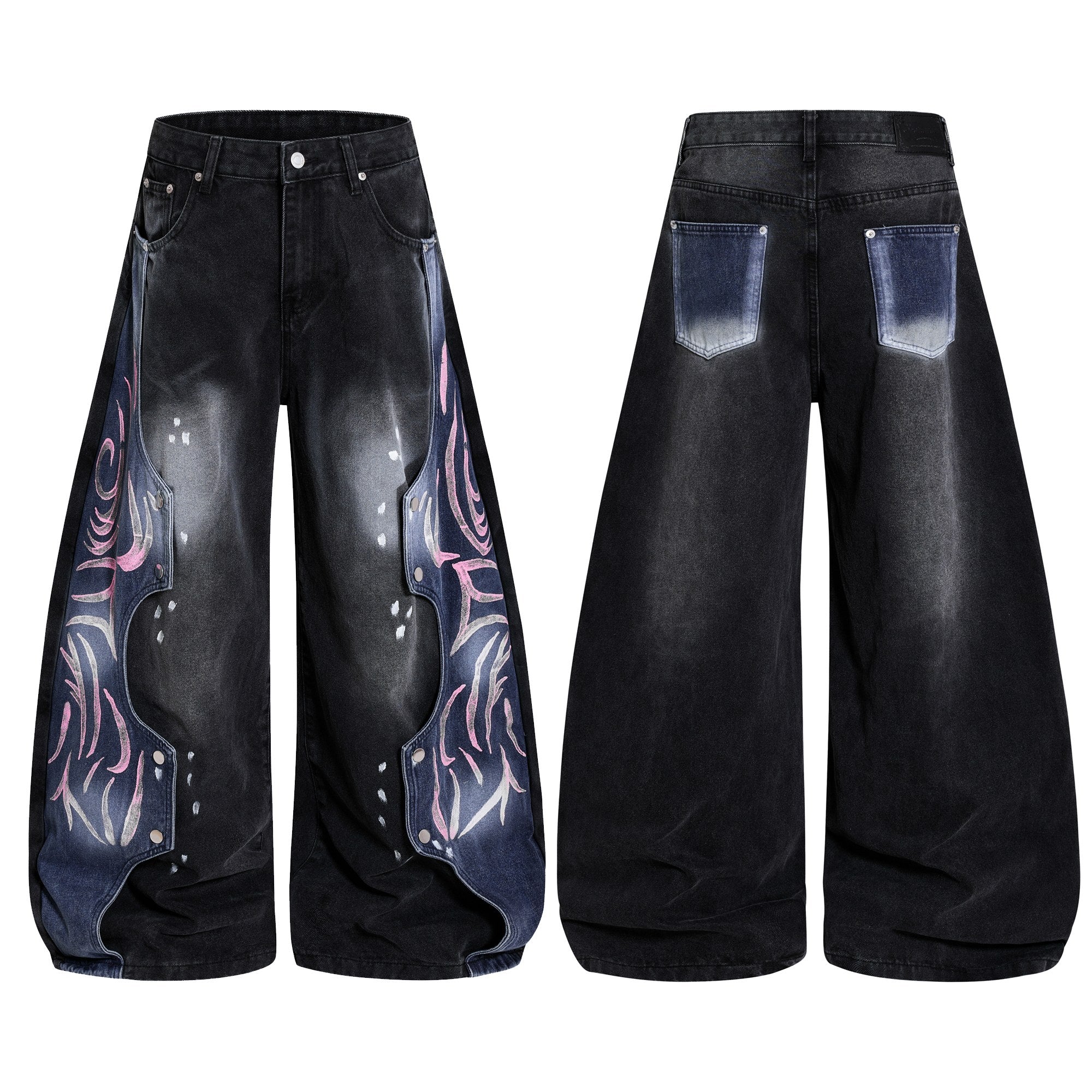 Front and back view of black wide-leg denim jeans with blue contrast side panels and pink tribal flame graphic artwork