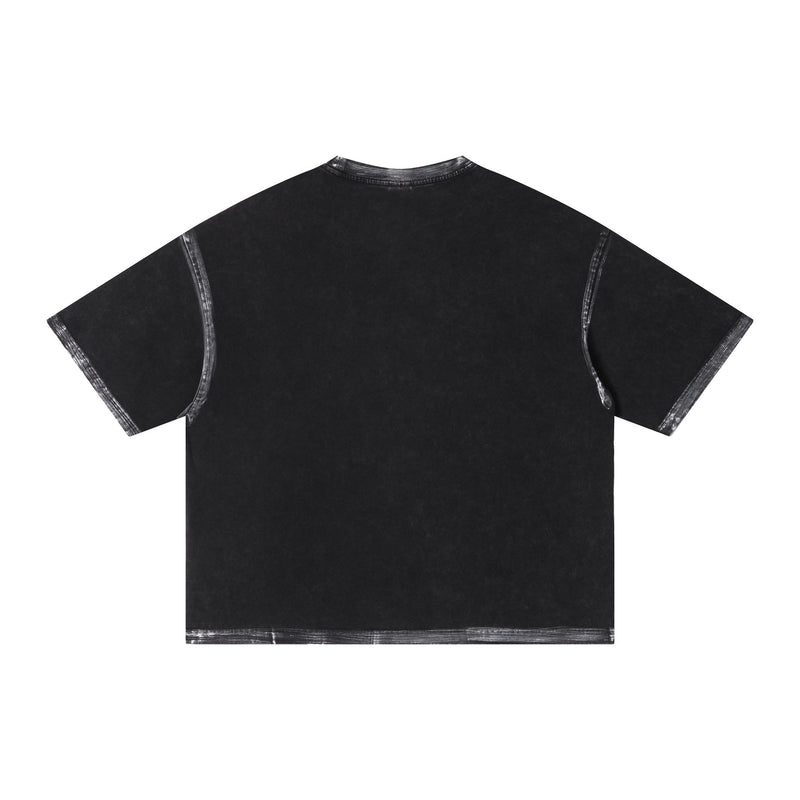 Black washed boxy T-shirt with oversized fit, short sleeves, and distressed seam detailing on a white background